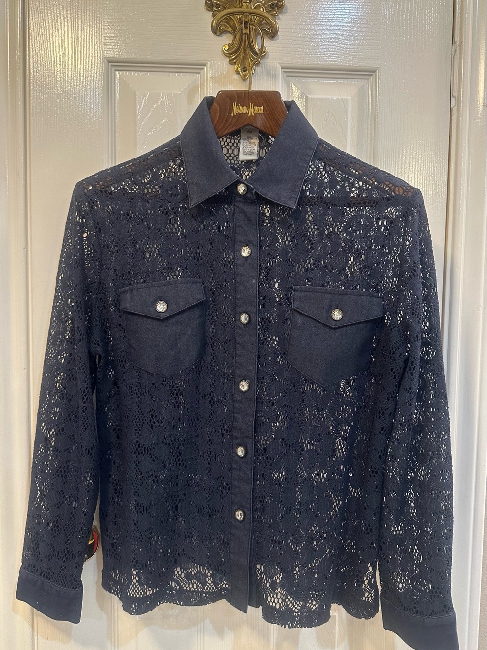 Drapers & Damon’s NAVY Sheer Snap Rhinestone Buttons Blouse & Cuffs Side Slit PM
